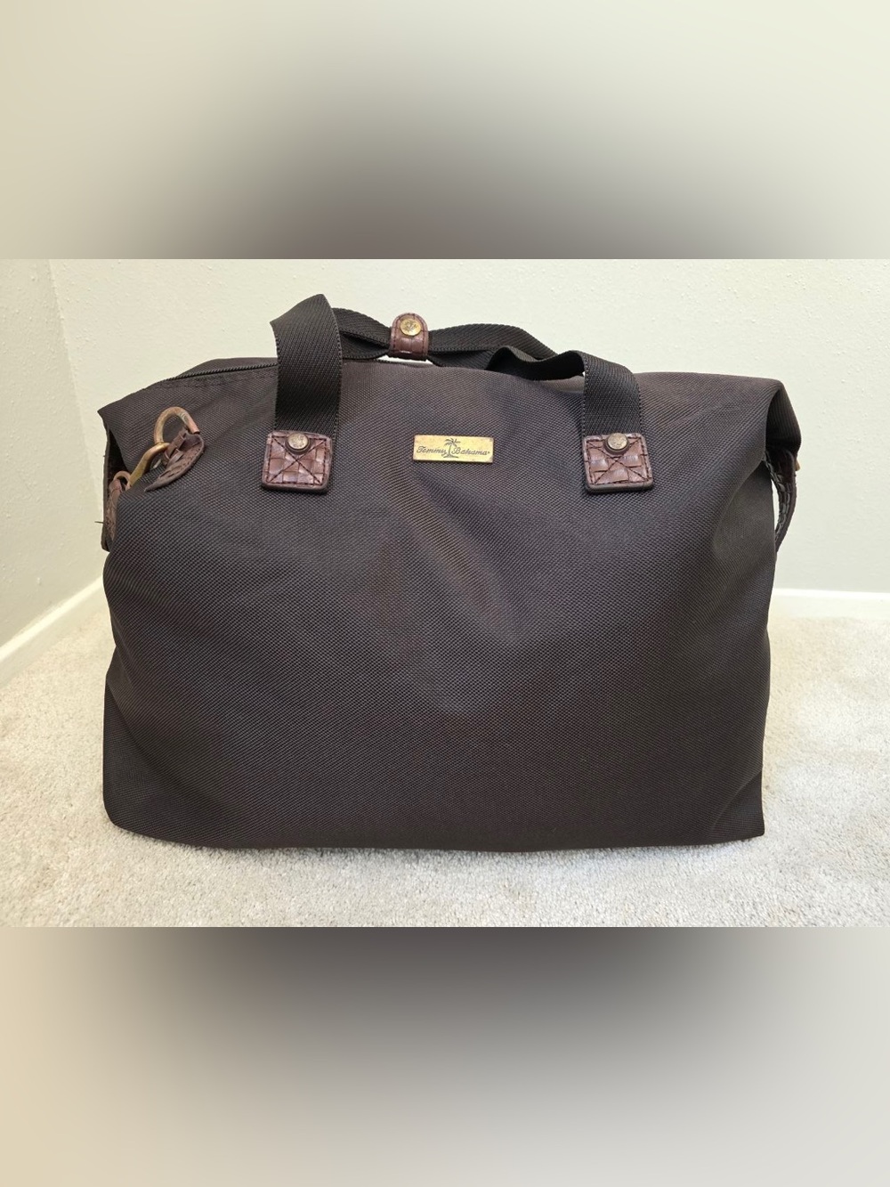 Tommy Bahama Brown Weekender Duffle Bag Randa Woven Trim Shoulder Strap